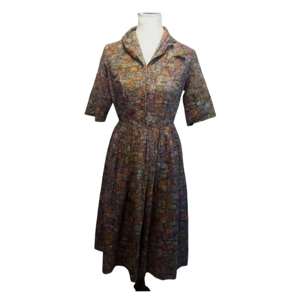 Vintage 1950s Abstract Pollock Print Day Dress, Atomic MCM Midcentury Shirtwaist - Picture 2 of 11